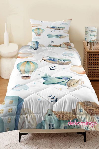 dekomingo City Balloon and Airplane Patterned Quilted Children's Quilt and Pillowcase
