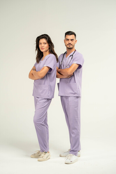 BOSKAMİ MEDİKAL Core Flex Unisex Medical Lilac Set - Lycra Bottom and Top Set, Doctor and Nurse Scrubs