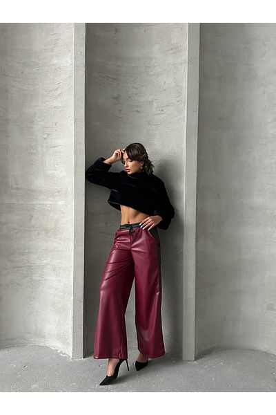 Miss Allos Women's Stripe Detailed High Waist Wide Leg Leather Pants