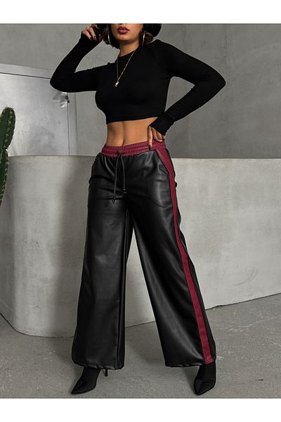 Miss Allos Women's Stripe Detailed High Waist Wide Leg Leather Pants