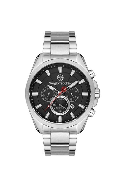 Sergio Tacchini Erkek Gümüş-siyah Çelik Kasa Yuvarlak Kadran Metal Kordonlu K...