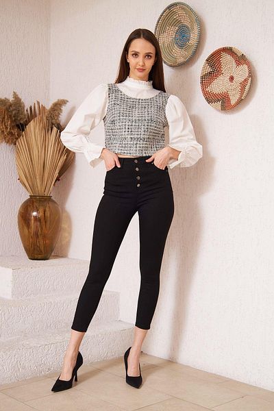 Darlin Moda Γυναικεία γκρι τουίντ μακρυμάνικη μπλούζα Dm9000