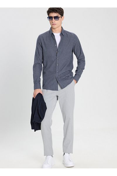 ALTINYILDIZ CLASSICS Ανδρικό πουκάμισο Six Star Classics Navy Blue-Grey - γιακά με κουμπιά, Comfort Fit ACE 202510055