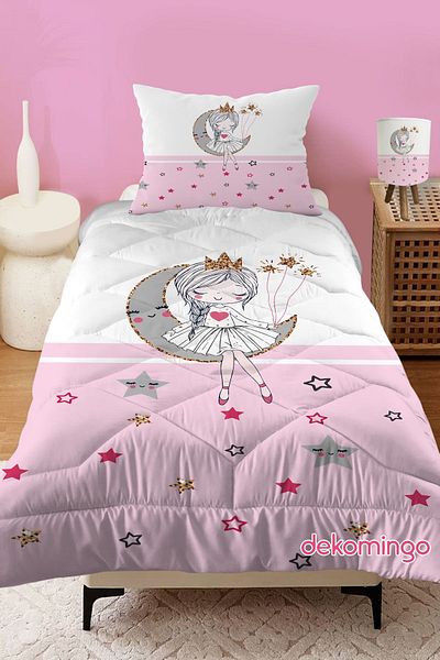 dekomingo STRIPED WHITE PINK MOON PRINCESS PATTERNED QUILTED CHILDREN'S QUILT AND PILLOW CASE