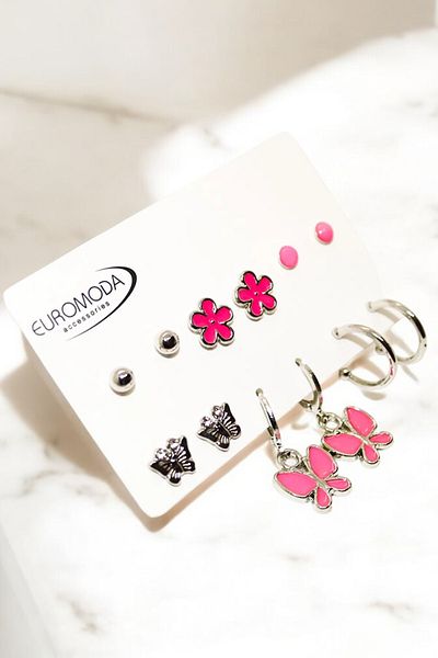 EUROMODA Colorful Earring Set with Pink Butterfly and Flower Design