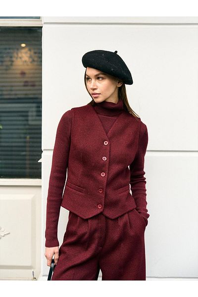 Juste Burgundy Knitted Palazzo Trousers and Vest Set