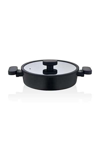 LAVONNI وعاء جرانيت فاليريا 24 سم مع غطاء زجاجي بحواف سيليكون - أسود