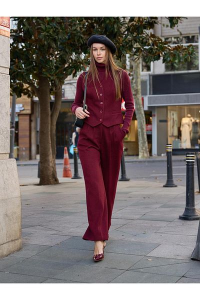 Juste Burgundy Knitted Palazzo Trousers and Vest Set
