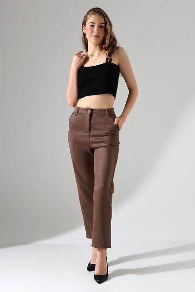 winmoda Pantaloni de damă din piele intoarsa cu talie inalta morcov / pantaloni de dama din piele intoarsa cu talie inalta
