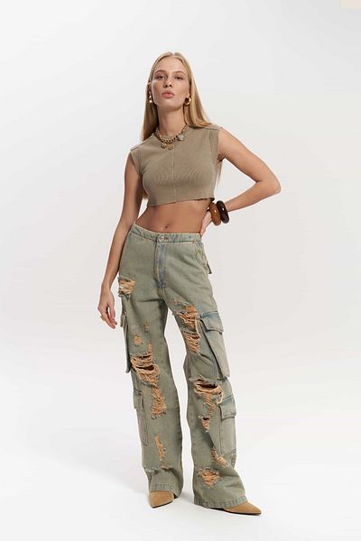 MAİ COLLECTİON Dries Dirty Grey Cargo-Jeans mit zerrissenem Detail