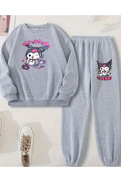 Renna Mood Girl's Kuromi Heart Printed Crew Neck Sweatshirt Tracksuit Set