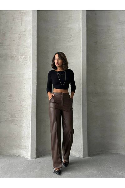 ÇEÇİM Women's Pocket Detail Button Leather Pants Hyn-58021