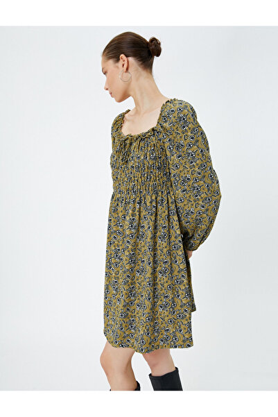 Koton Rochie mini Iarna Floral Decolteu Patrat mânecă lungă Gipe detaliată