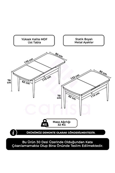 Canisa Concept Zen Serisi 80x132 Açılabilir Mdf Siyah Mermer Desen Mutfak Masası