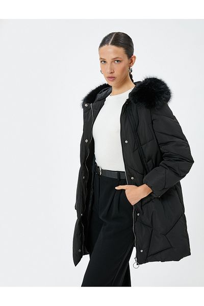 Koton Hooded Faux Fur Detailed Long Quilted Coat