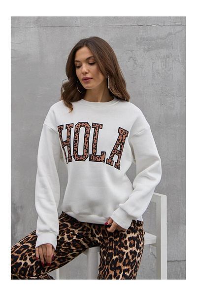 HARMONY GLOBAL Hanorac oversize cu 3 fire, alb, cu textura moale, imprimat Hola