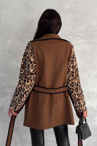 FEMELLE Γυναικείο καφέ λεοπάρ στάμπα με κεντημένο παλτό με γούνινη ζώνη