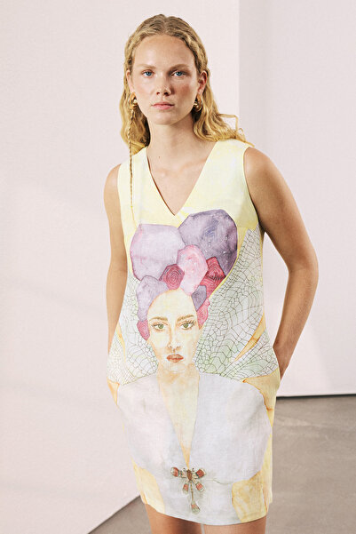 adL Konuşulmayan Beklentiler V Yaka Desenli Keten Elbise