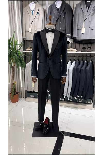 LONATOLİA Men's Premium Velvet Tuxedos - Groomsuit Swallow Collar, Single Button, Italian Style Jacket and Pants Set