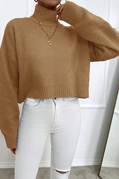 Miss Poem Women's High-Top Turtleneck Oversize Long Camel Knitwear Sweater