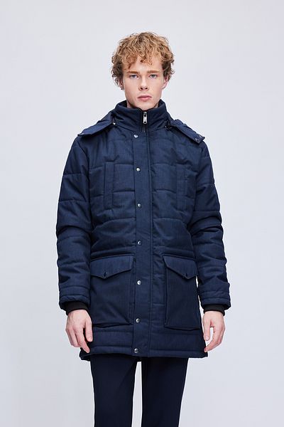 Hatemoğlu Μπλε Navy Dynamite Fit Judge Collar με μοτίβο καπιτονέ μακριά κουκούλα παλτό
