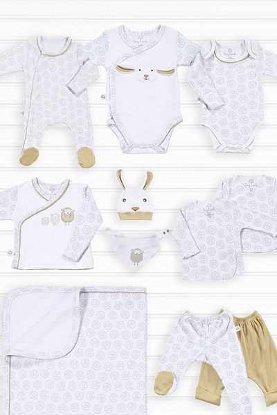 tinylamb Lamb Patterned Hospital Discharge Set Organic Cotton Unisex 11 Piece Newborn Baby Clothing Set