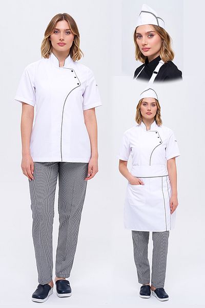 TIPTEKS Comfort Women's White Chef Jacket, Cap and Waist Apron - Gingham Piping / Plaid Trousers Set of Four