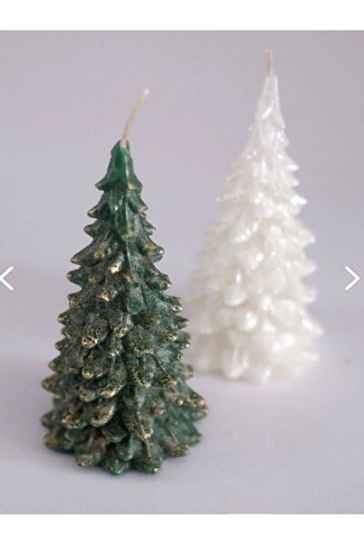 Store Dekoratif Hediyelik 2'li Çam Ağacı Mum Seti, Yeşil, Beyaz Kokulu Mum Yı...