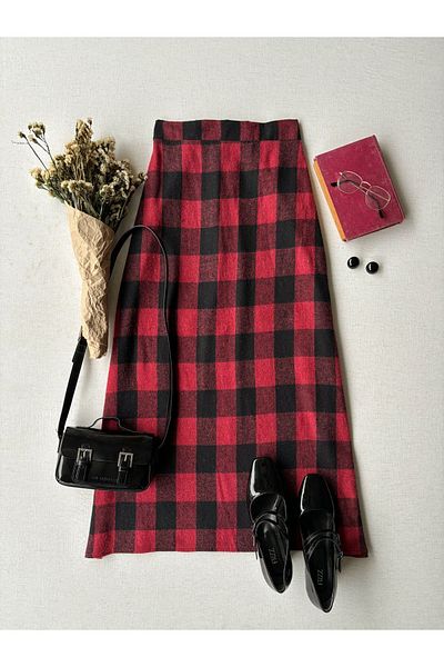 KÜÇÜĞÜM BUTİK Red-Black Checkerboard Pattern Winter Plaid Long Skirt (Red-Black)