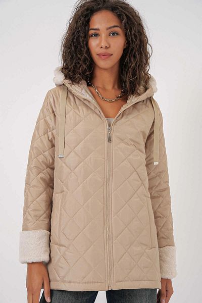 hazelin Women's Beige Fur Detailed Lined Quilted Coat Hzl25W-Bd 151971