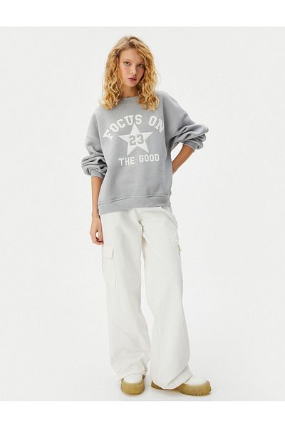 Koton College Sweatshirt Raised Printed Applique Detailed Long Sleeve Crew Neck Comfortable Fit