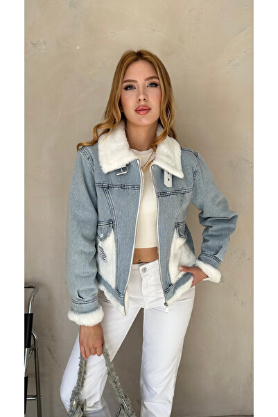 Angel Mia Beyaz Kemer Detay Kürklü Mont Mavi