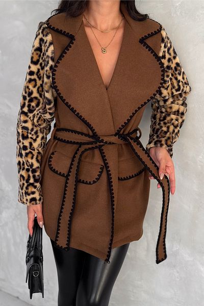 FEMELLE Palton de damă maro cu imprimeu leopard, cu centură de blană, broderie, cu ștampilă brodata