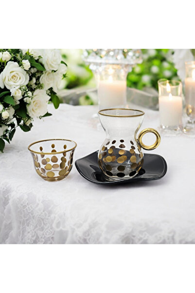 tuliphomev 18 Parça Çay Ve Arap Kahve Seti Şeffaf Altın Puanlı Desen