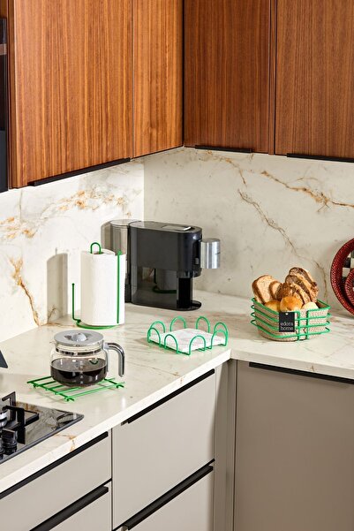 Edora Home Yılbaşı Yeşil 4'lü Servis Sunum Seti, Peçetelik, Kağıt Havluluk, Ekmeklik Makrome, Nihale - Metal Pa