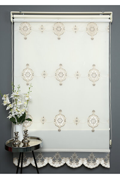 BLINDX Blind-X Bej Çift Mekanizmalı Kadife Menekşe Nakışlı Tül Stor Perde (Da...