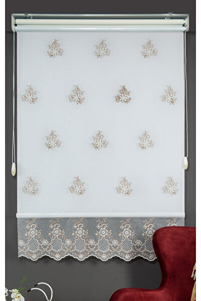 BLINDX Blind-X Bej Çift Mekanizmalı Kadife Sedef Nakışlı Tül Stor Perde (Daya...