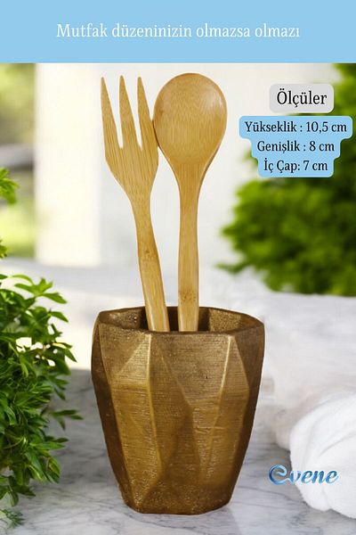 Evene Decorative Spoon Holder - Countertop, Upright Cylinder and Gold Tumbled Color Model 2