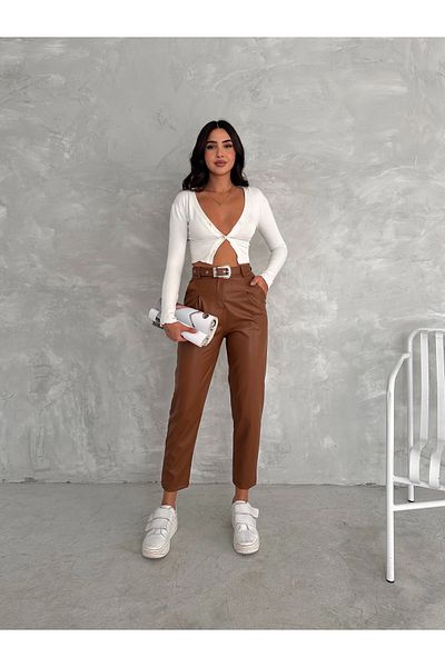 Gugus Women's High Waist Leather Pants - Belted Carrot Model
