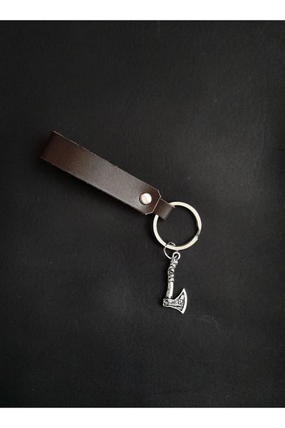 BSN Store Brown Genuine Leather Keychain with Scandinavian Ax Figure
