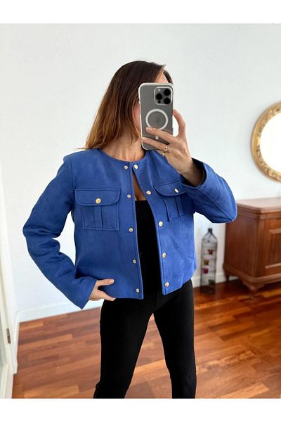 Maldia Shop Jachetă albastră de damă din piele intoarsa cu decolteu
