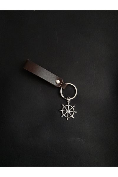 BSN Store Brown Genuine Leather Keychain with Sailor Rudder Figure