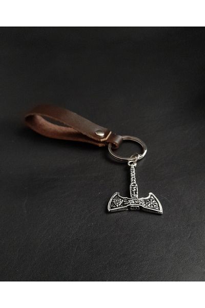 BSN Store Scandinavian Valknut Axe Figured Brown Genuine Leather Keychain