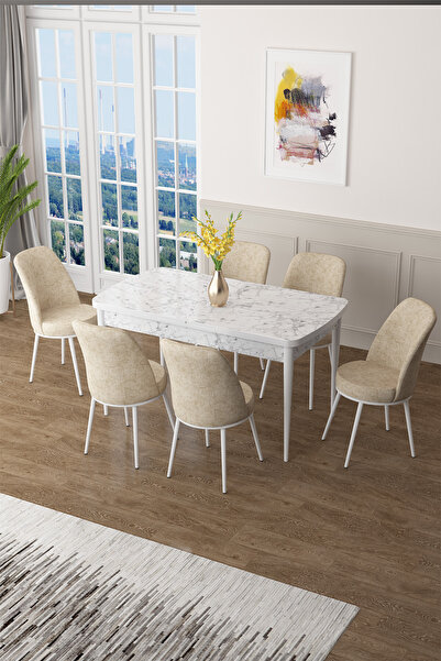 Canisa Concept Zen Serisi 80x132 Mdf Açılabilir Beyaz Mermer Desen Masa Takımı Ve 6 Krem Sandalye