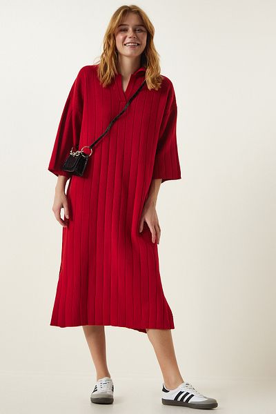 Lovelyİstanbul Oversize Red Polo Neck Knitwear Dress - Lyy0073