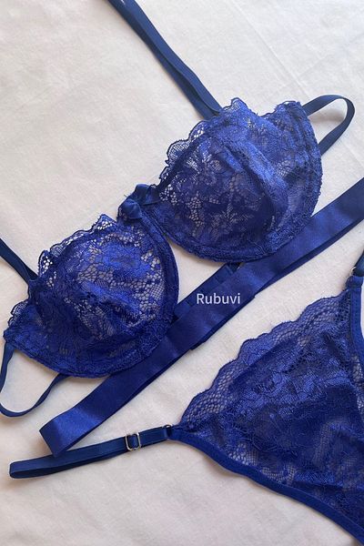 Rubuvi Victoria Women's Saks Blue Underwire Ruched Tulle Bralet Lenjerie de corp Set Sutien Set Lenjerie