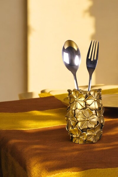 Evene Tezgah Üstü Kaşıklık Dekoratif Dik Kaşıklık Silindir Kaşıklık Altın Eskitme Renk Model 16