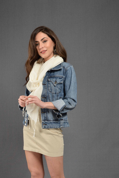 Dosimira Unisex Ekru Naturel Düz Boya Pamuklu Fular