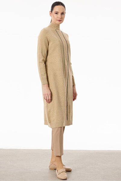 Tığ Triko Saç Örgülü Taşlı Triko Elbise CAMEL