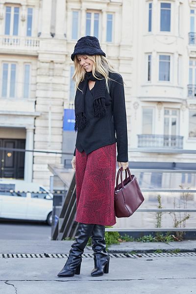 Jument Țesătură din lycra jacquard din lână cu talie înaltă - Fusta lungă de damă cu dungi bordeaux